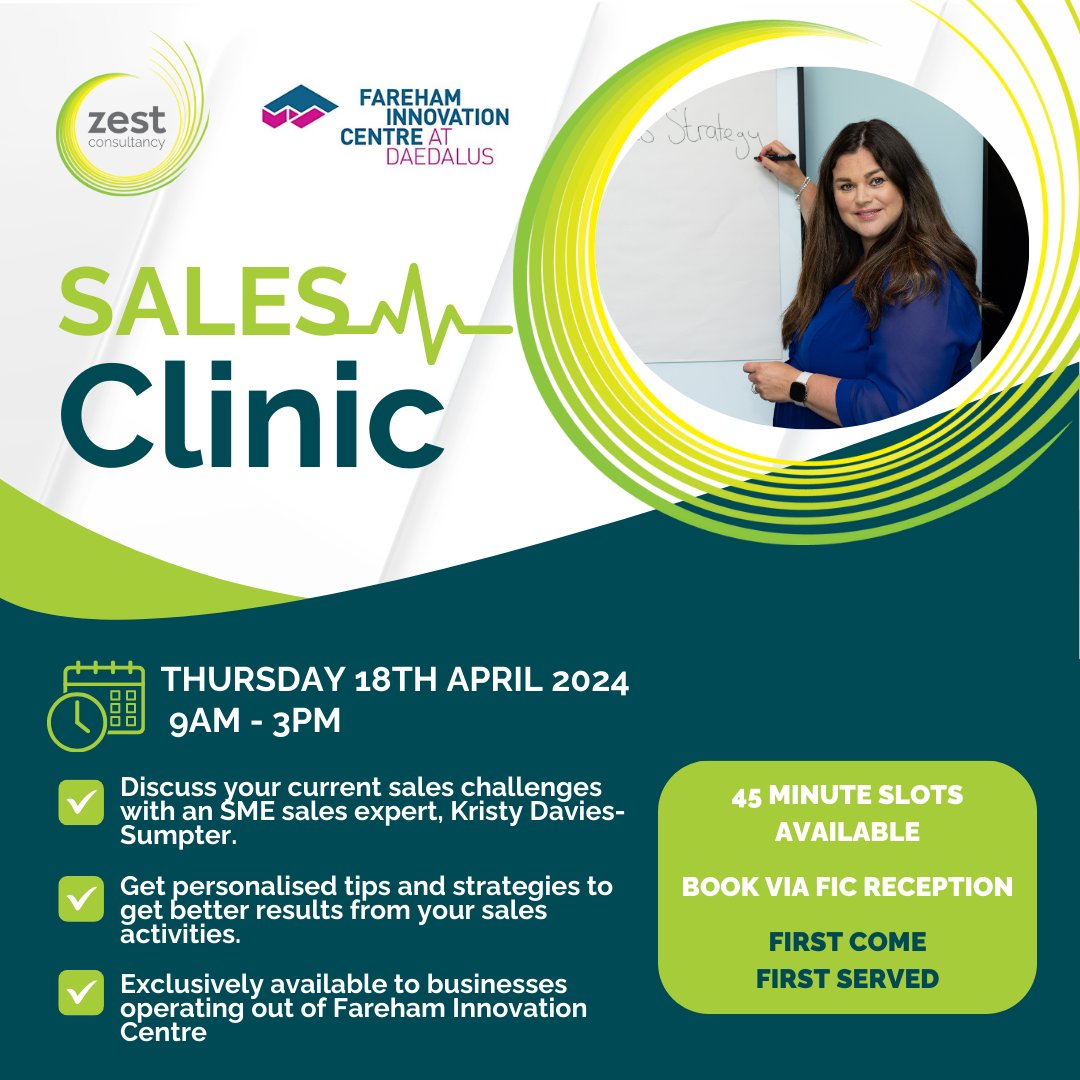 Are you struggling with sales? Does the thought of selling fill you with horror?

On Thursday 18th April 2024, from 9am to 3pm, our customers at Fareham Innovation Centre will be able to attend a FREE, bespoke Sales Clinic with Kristy Davies-Sumpter of Zest Consultancy

#Sales