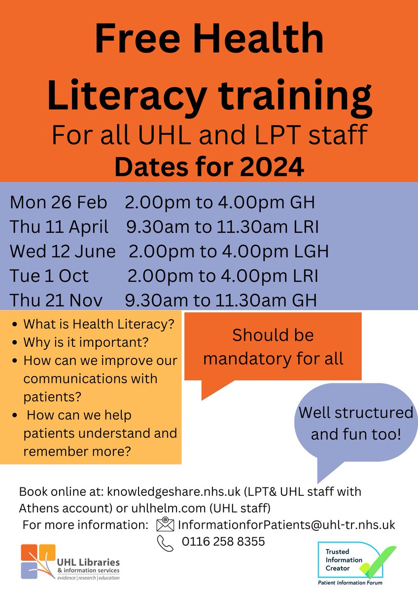 Our next #HealthLiteracy training is only a week away! It is not too late for @Leic_hospital & @LPTnhs staff to sign up. See 👇 for how to book your place @LPTlearning @LearningUHL1 @WACEducationUHL @ItapsUhl @UHLSchoolN_M @uhl_DOE @uhl_IPteam @UHL_EM_ACP