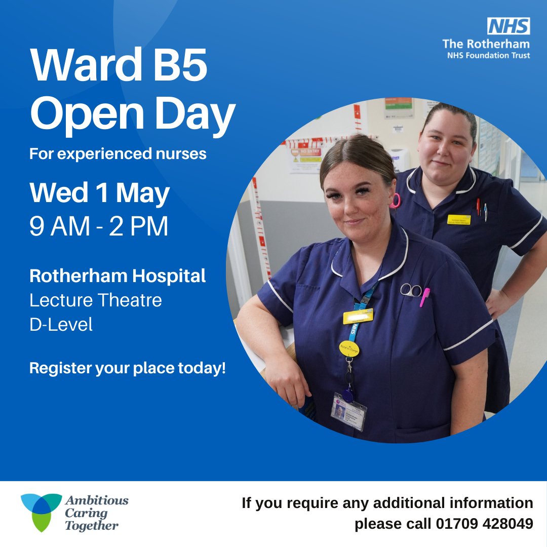 Tomorrow is the day! Our second open day for experienced nurses is happening on 1st May from 9am to 2pm. Confirm your place today! eventbrite.co.uk/e/ward-b5-open… #trft #nursingjobs #healthcarecareers