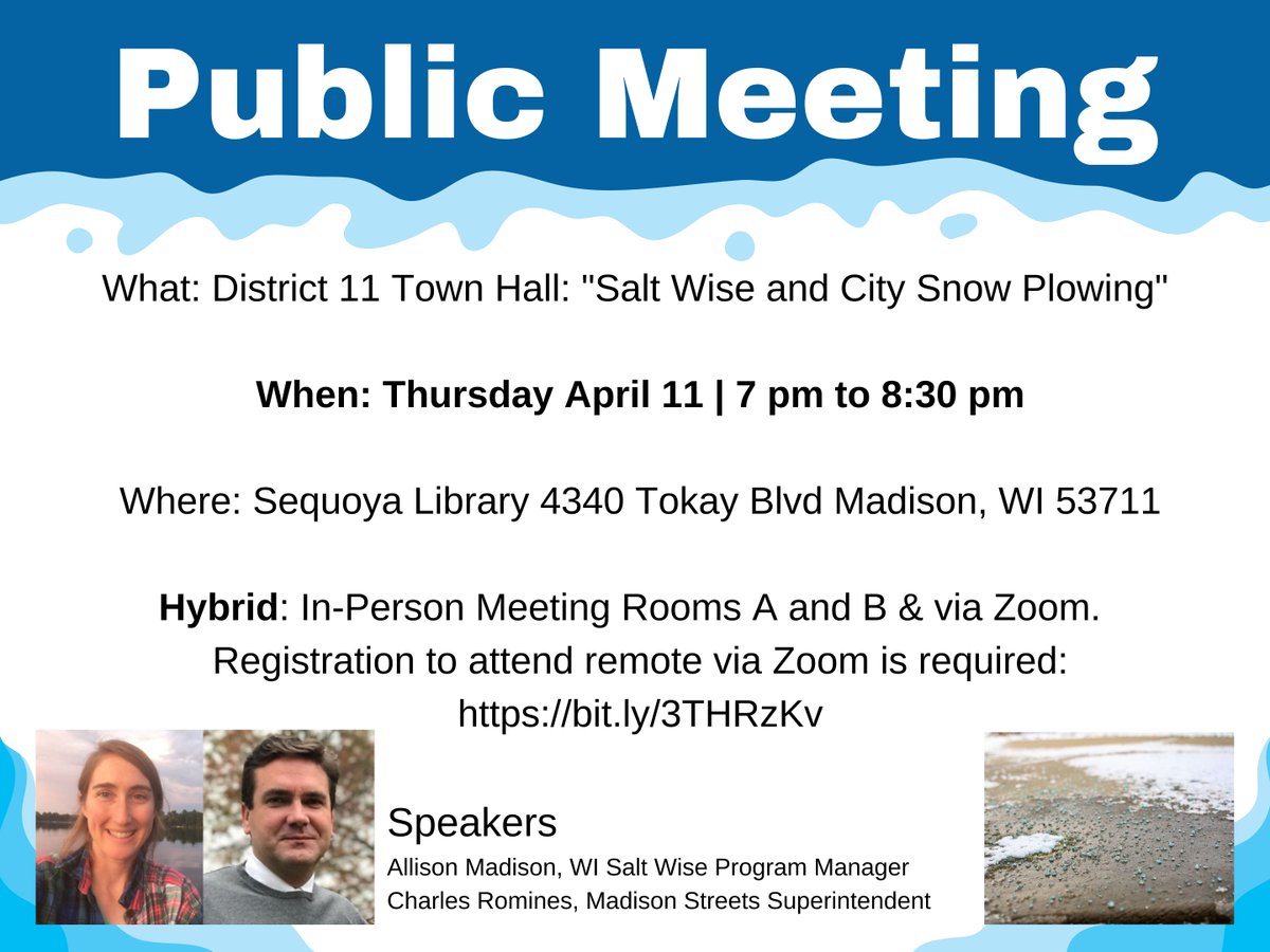 Hybrid Public Meeting to discuss road salt and winter weather policies in Madison. Remote participants must register in advance. More info: cityofmadison.com/council/distri…