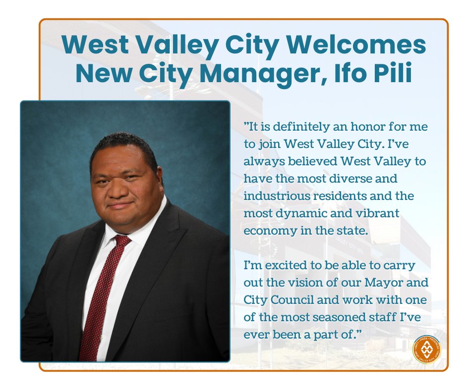 The West Valley City Council, last month, unanimously approved the hiring of Ifo Pili as the new City Manager.
Mr. Pili will begin working for the city on April 8, 2024.
Learn more about Mr. Pili's background at wvc-ut.gov/citymanager.
