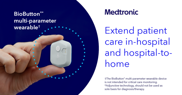 RayAstonMartin's tweet photo. What is the BioButton®* multi-parameter wearable†? It's a medical-grade wearable designed for continuous vital sign monitoring of skin temperature, respiratory rate at rest, and heart rate at rest, along with a broad range of biometrics #MedtronicEmployee https://t.co/8knk19nbz4 https://t.co/eNb1au0SR2