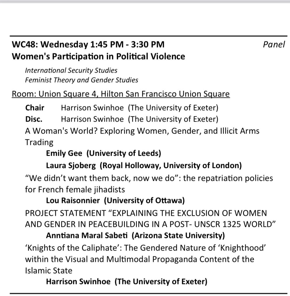 What a panel! Had such a fun time presenting at day one of #ISA2024, it's so encouraging to see a full room of scholars interested in women's participation in political violence, a huge thank you to @HarrySwinhoe for pulling together a brilliant session @isanet