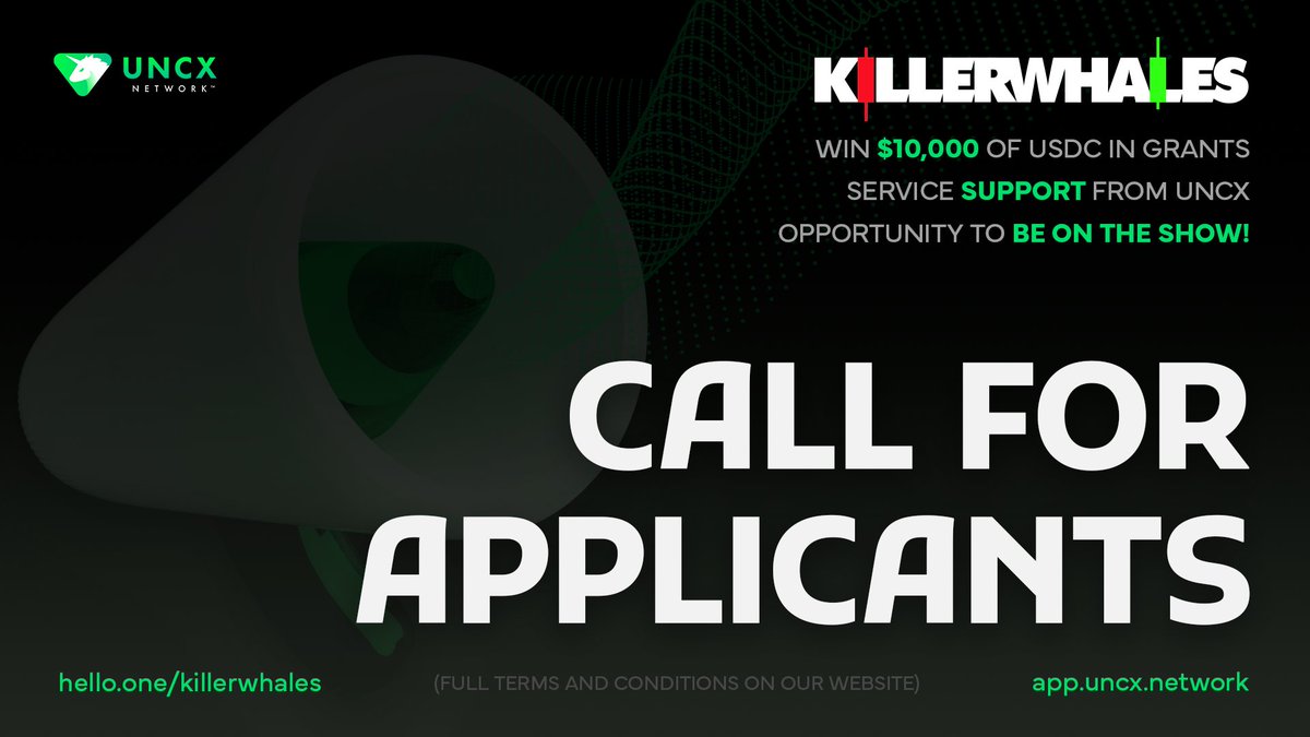 Do you have an amazing idea but lack the mentorship to execute it? 💡

Do you believe you have what it takes to compete in the <a href="/KillerWhalesTV/">Killer Whales</a> contest?

Apply now to win $10,000 in USDC grants and service support from UNCX, plus a chance to participate in the show! 👇