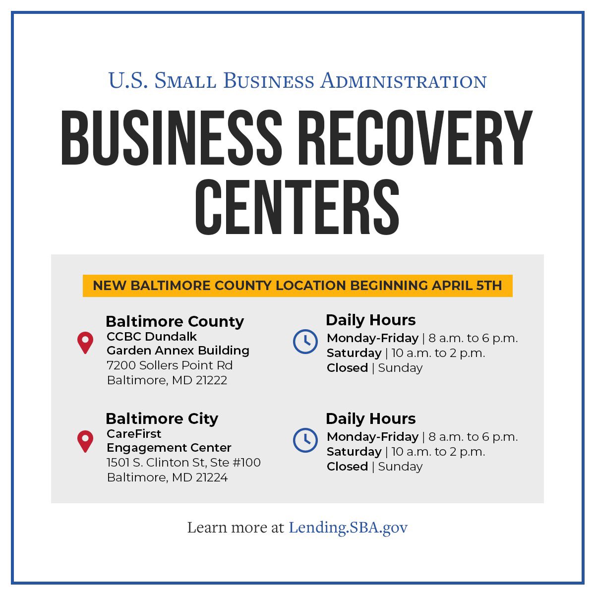 .@SBAgov is operating the following Business Recovery Centers to assist business owners in completing disaster loan applications, accept documents for existing applications, and provide status updates on loan applications. lending.sba.gov