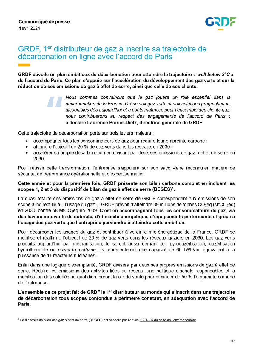 #CP #Presse🗞️| #GRDF dévoile dans le cadre de sa conférence de presse annuelle, un plan ambitieux de #décarbonation pour atteindre la trajectoire de l’accord de Paris.
➡️cutt.ly/Ow8T2Mbs
 
#ConfPresseGRDF #GazVerts #Energie #TransitionEnergetique