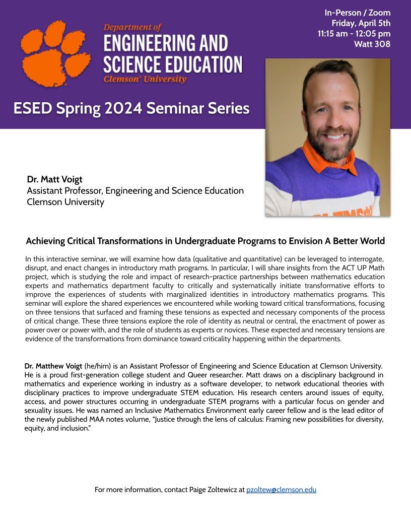Join us tomorrow, Friday, April 5th, at 11:15am ET for our seminar with ESED’s very own Dr. Matt Voigt! Contact Paige at pzoltew@clemson.edu for details.

linkedin.com/posts/clemson-…