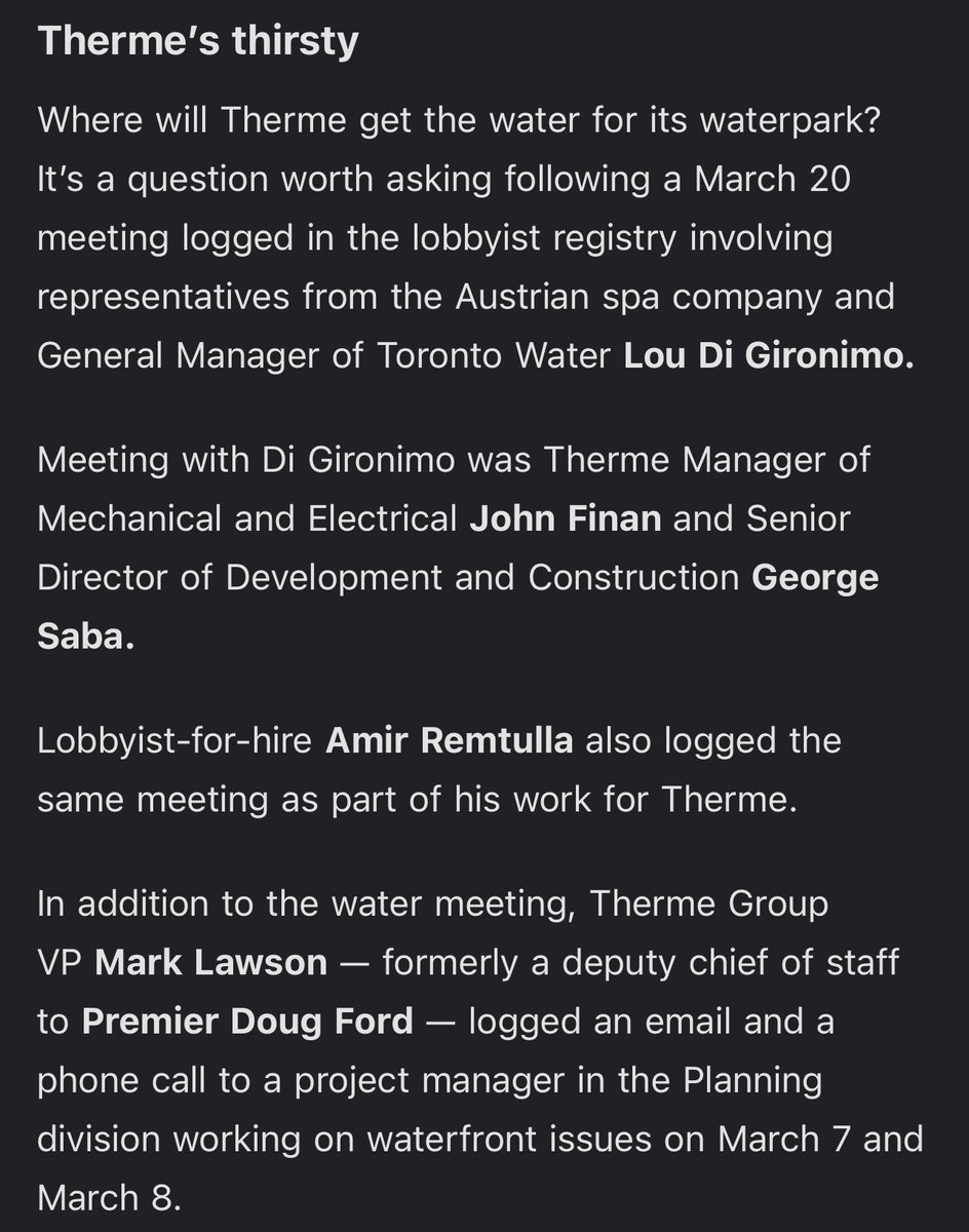 From @GraphicMatt’s excellent city hall newsletter (consider subscribing!), Therme is thirsty! They will require all kinds of new municipal infrastructure for water taking (and dumping), and who is likely to pay? That’s right, you the taxpayer! #topoli #onpoli #SaveOntarioPlace