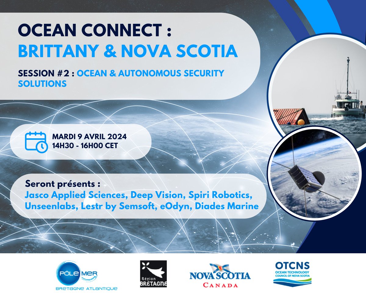 🖥️Découvrez les écosystèmes des technologies océaniques de la Bretagne et de la Nouvelle-Ecosse en participant à la deuxième session 'Ocean Connect' qui portera sur la thématique : Ocean & Autonomous security solutions 📅9 avril, 14h30-16h Inscription : pole-mer-bretagne-atlantique.com/fr/actualites/…