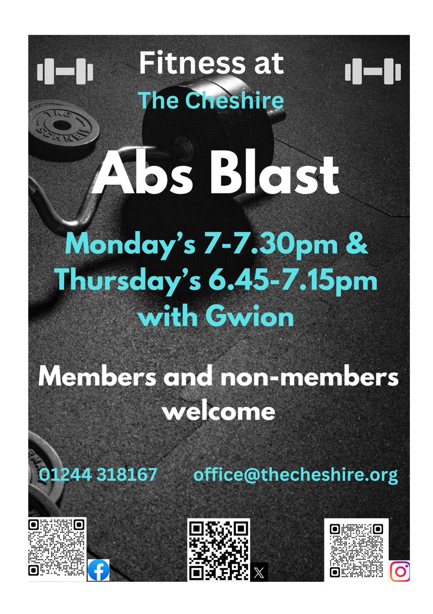 CheshireThe's tweet image. Abs Blast classes.
These classes are High Intensity Interval Training focusing on the abdominal area using only body weight for intense resistance.
Booking is essential to secure your space.
#absblast #fitnessgoals #fitnessclasses #keepingfit #keepingactive