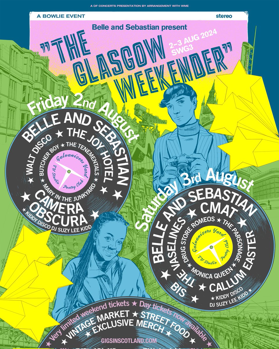 Glasgow, we are delighted to be joining heroes @bellesglasgow for the Friday of 'The Glasgow Weekender' at @SWG3glasgow on 2nd August 💃 Very few weekend tickets left, general sale for single day tickets begins 1Oam tomorrow, don't hang about! gigss.co/belle-and-seba…