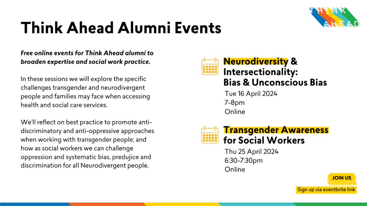 📣 For our alumni!

Join our alumni events to broaden your expertise & #SocialWork practice in working with #transgender & #neurodivergent people.

🗓 16 Apr | 7-8pm
🔗 i.mtr.cool/njzgnefbuz

🗓 25 Apr | 6:30-7:30pm
🔗 i.mtr.cool/odssxdjmoz

#ThinkAheadProgramme