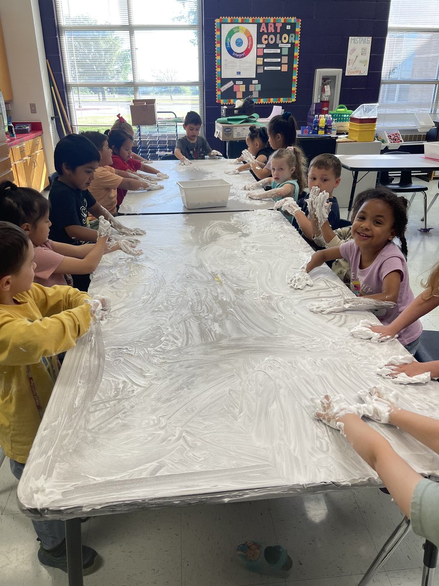 Shaving cream chaos in the art room! The pre-k crew is making masterpieces and messes galore. #AlvaradoExcellence