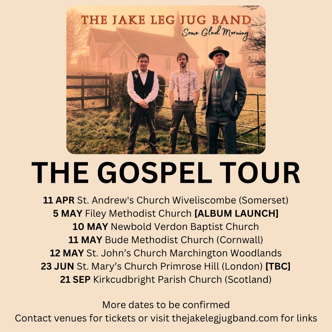 Get that old-time religion! <a href="/JakeLegJug/">TheJake Leg Jug Band</a> are taking the new Gospel album 'Some Glad Morning' on tour. Visit the website or contact venues for more details #gospel #jugband #tour #newalbum #gospelalbum #jugband #harmonica #jug #musicalsaw #washboard #combpaper <a href="/hohnermusic/">Jake Blues</a>