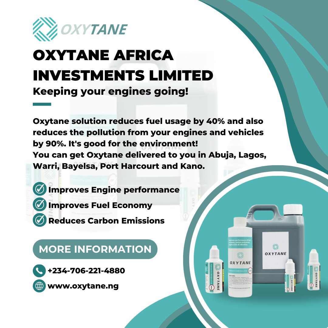 Oxytane makes your car run cleaner and saves fuel! 🌿✨ Cut petrol and diesel burning by 40% and reduce harmful emissions by 90%.
Now delivering to Abuja, Lagos, Warri, Bayelsa, Port Harcourt, and Kano.

#Oxytane #CleanerAir #FuelSavings #fueltreatment #diesel #dieselperformance