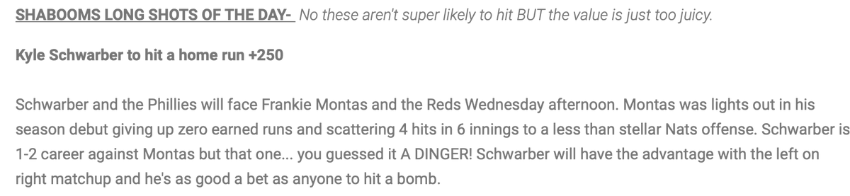 ShaboomsDC's tweet photo. Lock and long shot hit yesterday. Hope you took advantage!
Duran got 4 hits for Beat the Streak but the Hoerner pick was way too cute, WE PRESS ON TODAY!
#Shabooms #SchwarBomb #RedSoxML #BeatTheStreak @MLB @BTSDailyMLB https://t.co/XqZbN9q7wm