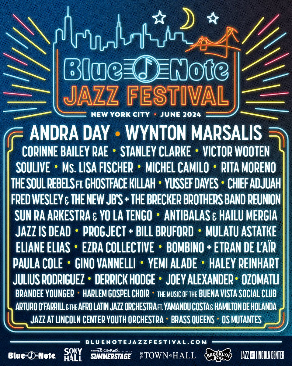Andra Day, Wynton Marsalis, Corinne Bailey Rae, Ezra Collective & more at Blue Note Jazz festival starting May 31 in NYC! Shows at iconic venues: Sony Hall, SummerStage, Town Hall, Brooklyn Bowl, and Jazz At Lincoln Center. Feel NYC's music scene! bluenotejazz.com/jazz-festival-…