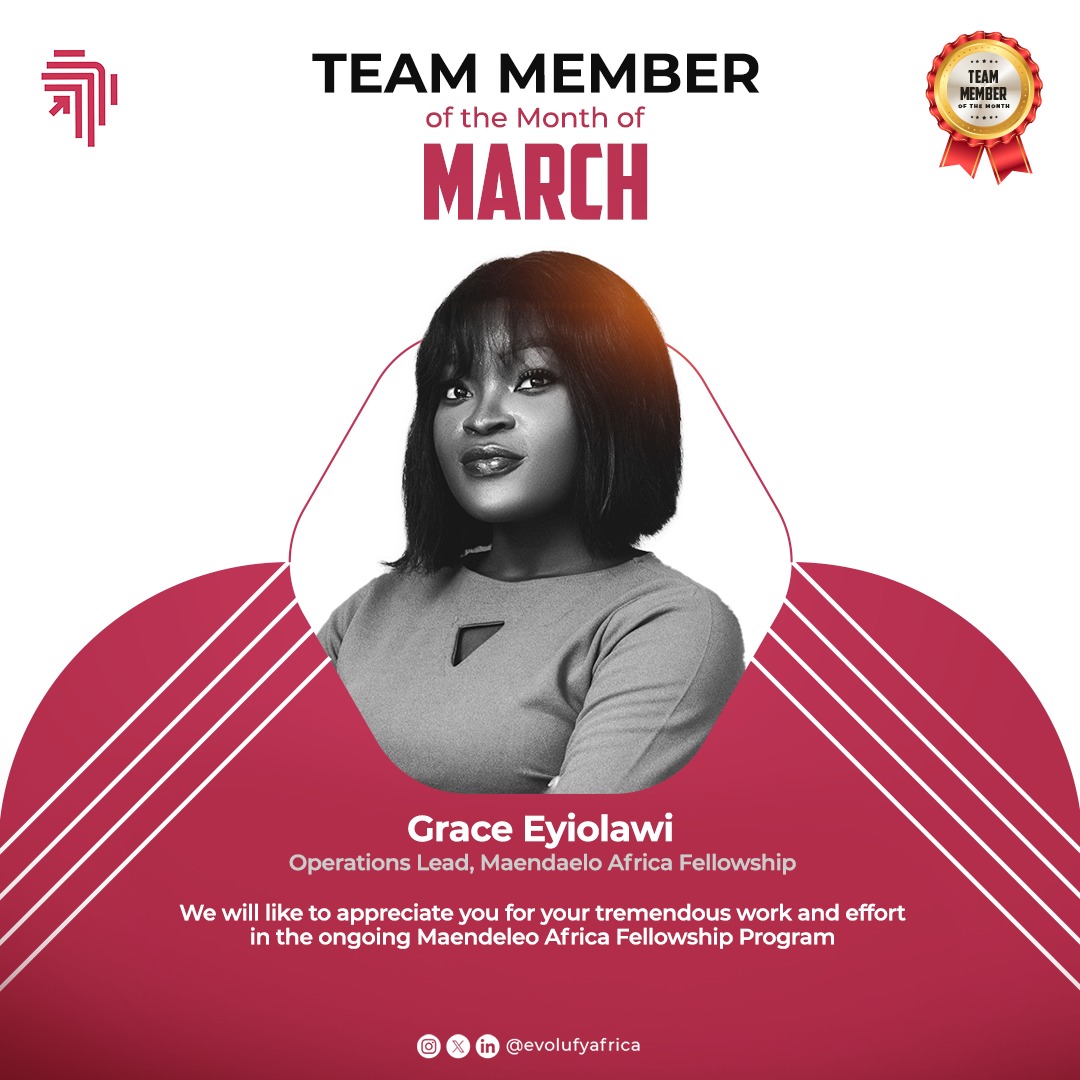 EvolufyAfrica's tweet photo. Congratulations to Miss Grace Eyiolawi @graceeyiolawi for being our outstanding team member for the month of March!
Your dedication, hard work, and positive attitude inspire us all.
Thank you for your outstanding contributions!
#teammemberofthemonth
#evolufyafrica https://t.co/fBwcpbyR2d