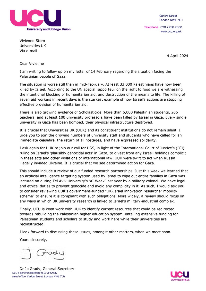 We have today written to the university employer body UUK calling on them to review their UK-Israel research partnership scheme – in line with legal and ethical obligations to avoid any complicity in the ongoing genocide in Gaza. @DrJoGrady’s letter to @UniversitiesUK 👇