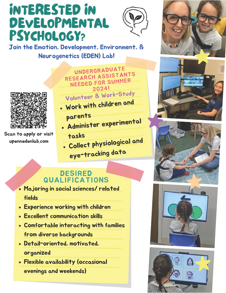 EDENLabUPenn's tweet image. The EDEN Lab is hiring undergraduate Research Assistants for Summer 2024! 🌞 Spread the news and join us in contributing to cutting-edge developmental psychology research ! #ResearchAssistant #JoinOurTeam