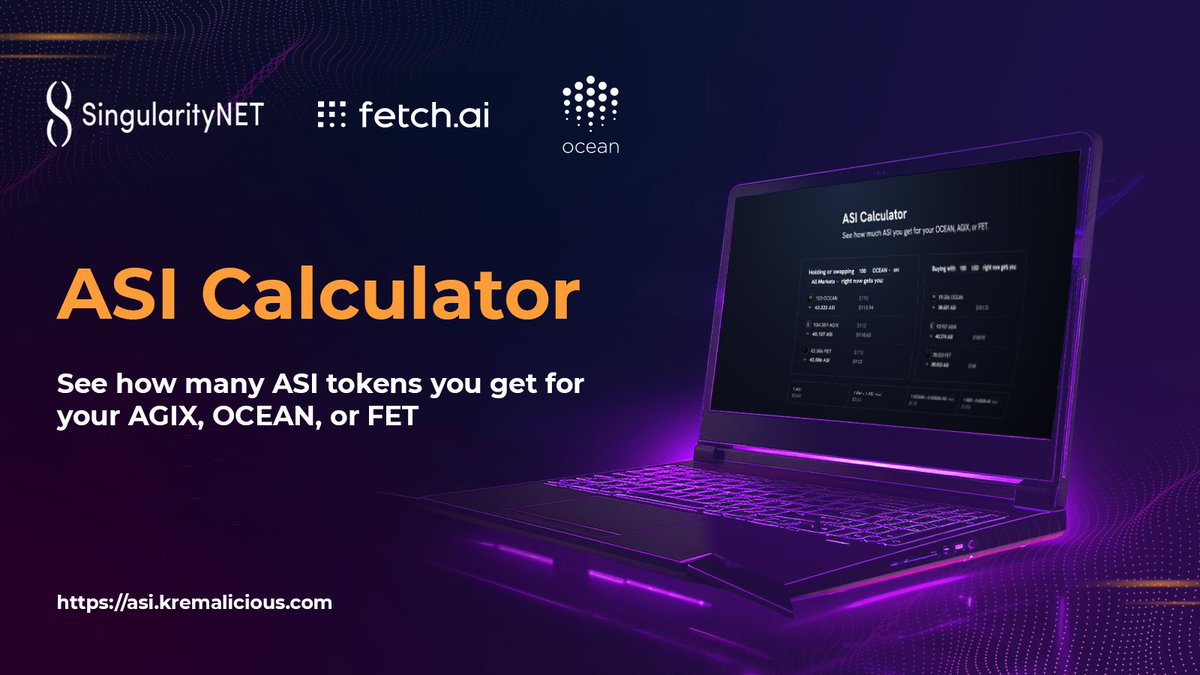 Curious about what happens after the #AGIX, #FET and #OCEAN tokens merge into a single #ASI token? @kremalicious's ASI Calculator lets you see how many ASI tokens you get for your holdings: asi.kremalicious.com