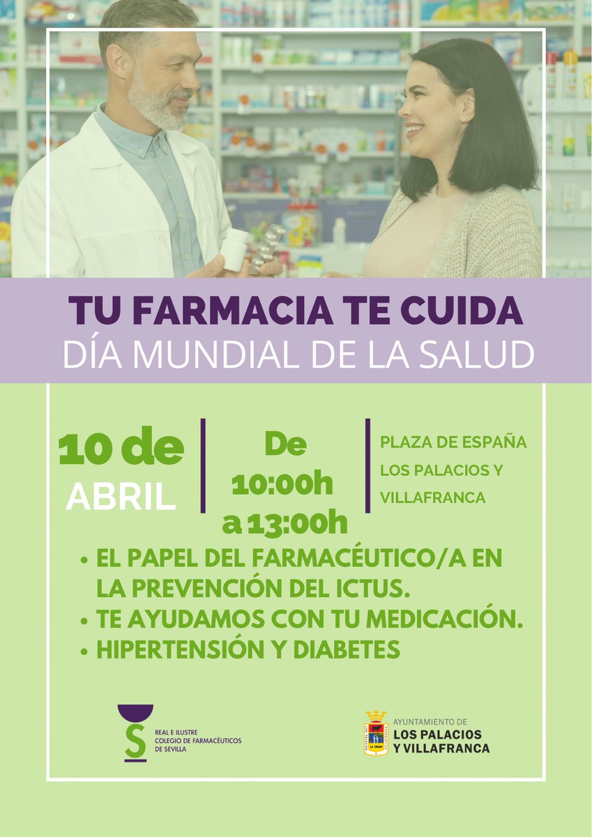 Participamos el próximo 10 de abril en la Jornada Tu Farmacia Te Cuida organizada por el <a href="/aytolospalacios/">Ayto Los Palacios</a> con motivo de la celebración del #DiaMundialDelaSalud.

¡Te esperamos!

#FarmacéuticosDeSevilla
