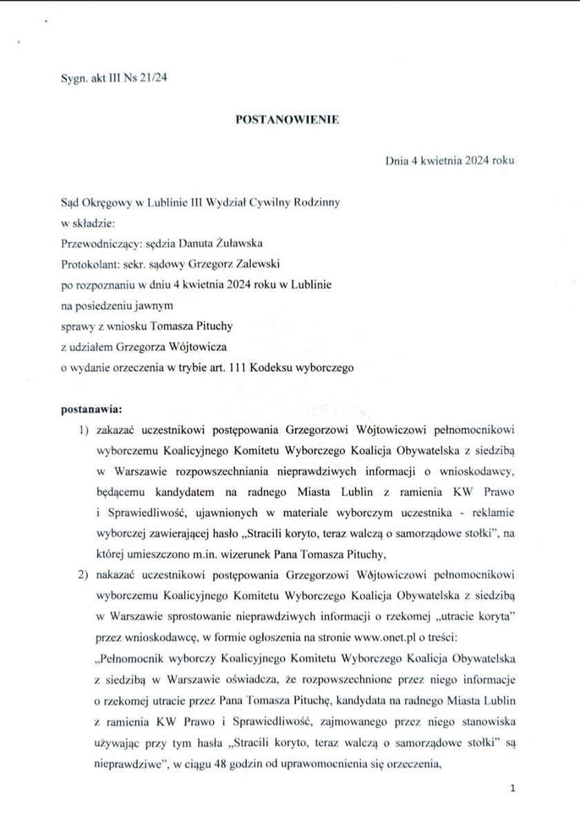 TPitucha's tweet photo. Szanowni Państwo, wygralem proces w trybie wyborczym  z KKW Koalicja Obywatelska o kłamliwą, obraźliwą czarną kampanię.
1. Zakaz rozpowszechniania
2. Nakaz sprostowania na stronie Onet 
3. Nakaz przeproszenia
4. Wpłata 1000 złotych na Hospicjum Dobrego Samarytanina w Lublinie https://t.co/7jcl6KThZu