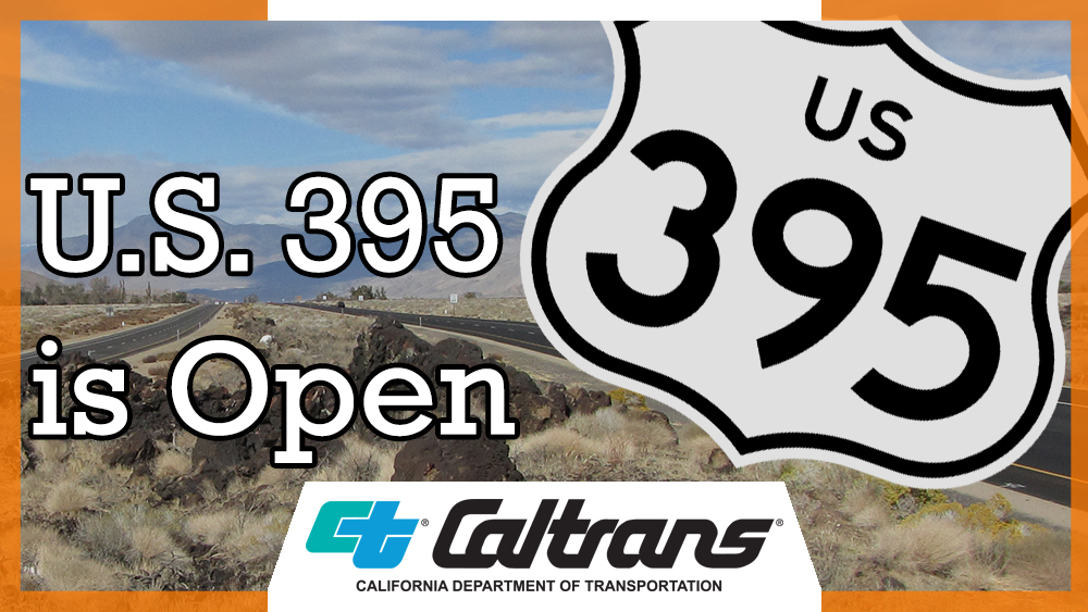 Caltrans9's tweet photo. ATTN DRIVERS: U.S. 395 has reopened through Cartago in Inyo County. @Caltrans9 maintenance crews will remain on scene in case conditions change. https://t.co/Q75mmwDucz