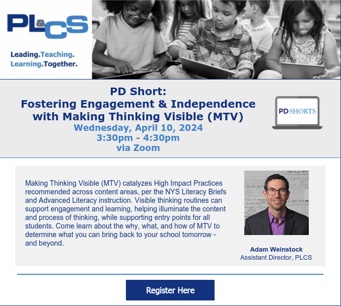 'Don't miss out! Register now to join Assistant Director Adam Weinstock and learn how visible thinking routines can support engagement and learning. Register here: mylearningplan.com/WebReg/Activit…