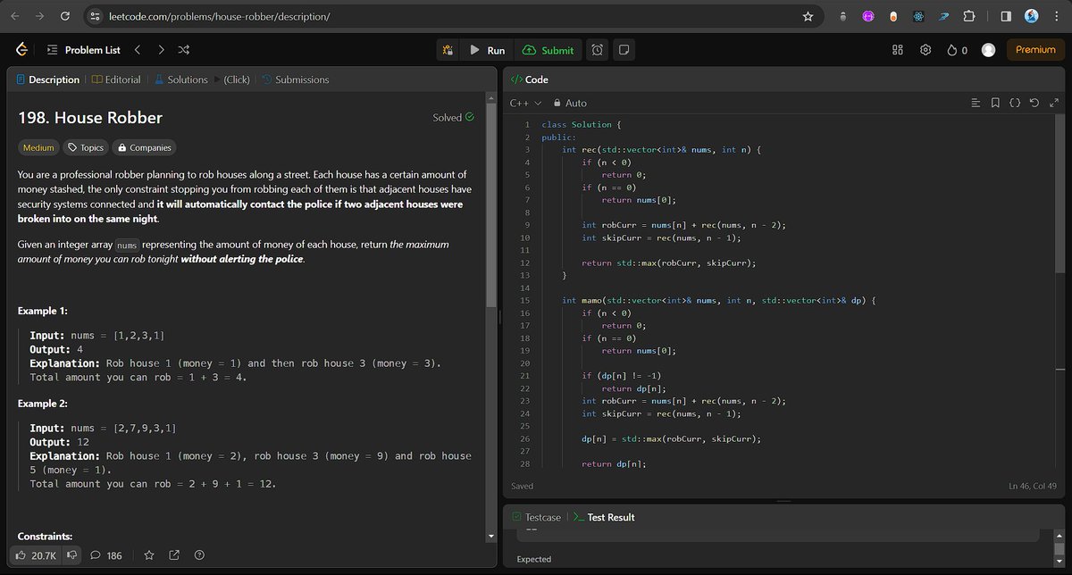 neerajkhatri_04's tweet image. Day 30 of the #100DaysOfCode #100DaysOfCode
💪While the exam is ongoing, I'm ensuring that my DSA practice doesn't halt.💪
Solved LeetCode 198. Robber house: Implemented recursion, afterward optimized it with Memoization and tabulation techniques. #codingprep