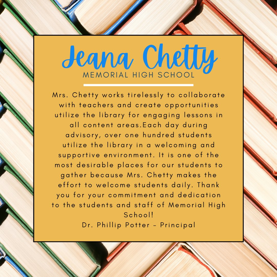 Happy #NationalSchoolLibrarianDay, Jeana! We are so grateful for you and the work you do at @2018Memorial @jeanachetty #FISDelevate