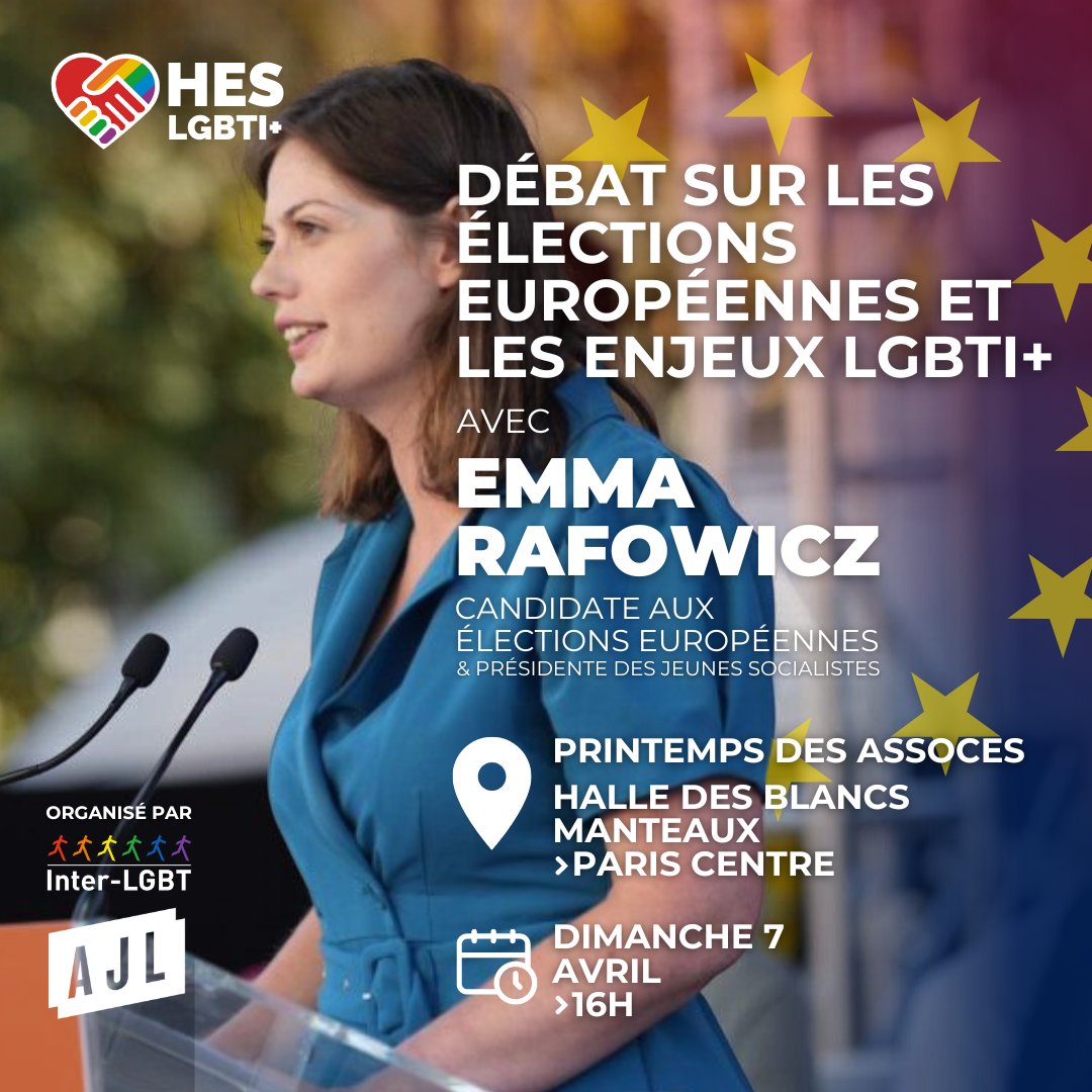 🇪🇺🏳️‍🌈 Ce dimanche, au Printemps des assoces, @EmmaRafowicz débattra avec d’autres candidat·es autour des enjeux LGBTI+ en Europe dans le cadre d'un débat spécial élections européennes organisé par l'@InterLGBT et l'@ajlgbt ! On vous attend nombreux et nombreuses. À dimanche !🌹