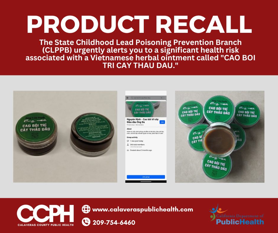 Product recall of CAO BOI TRI CAY THAU DAU Vietnamese Herbal Ointment for Hemorrhoids. The State Childhood Lead Poisoning Prevention Branch (CLPPB) urgently alerts you to a significant health risk associated with a Vietnamese herbal ointment called 'CAO BOI TRI CAY THAU DAU.'