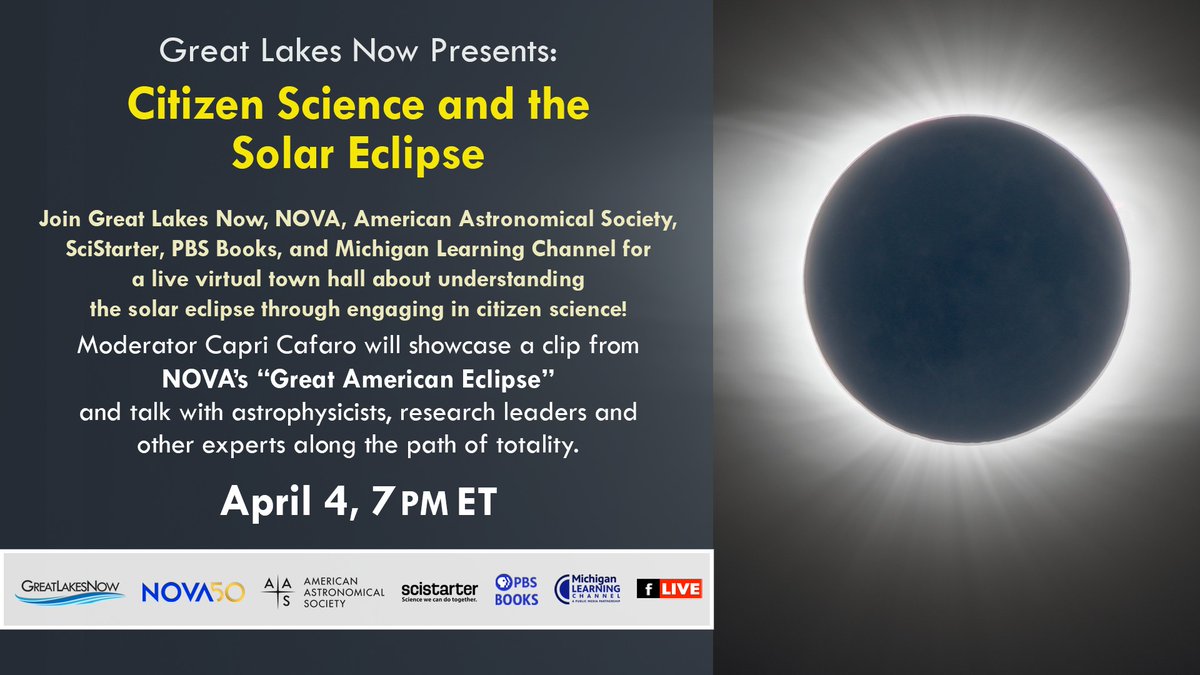 Join us TONIGHT at 7 PM ET as we partner with @GreatLakesNow for a live virtual event about the science and climate implications of the solar eclipse with solar astrophysicists and a variety of experts. You'll also get the details on some eclipse citizen science initiatives.