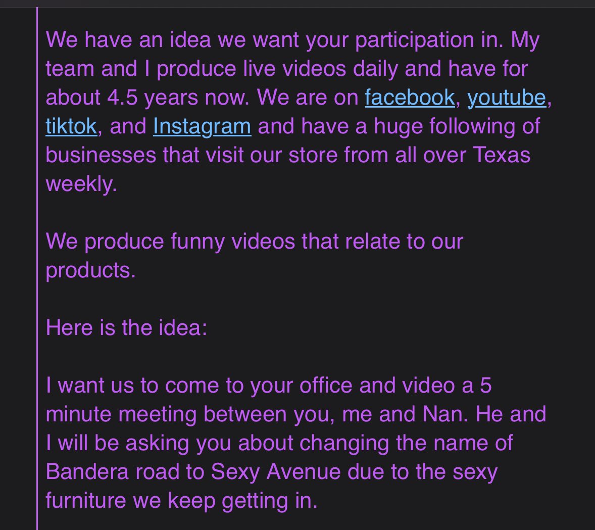 We asked the Leon Valley mayor if we could rename Bandera to Sexy Avenue. instagram.com/p/C5WAwguOmuf/…