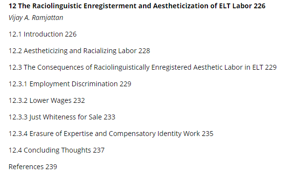 I finally got my copy of 'Language Teacher Identity,' which came out a couple of months ago: shorturl.at/invDW I have a chapter exploring how raciolinguistic enregisterment interacts with the demand for aesthetic labour in ELT.