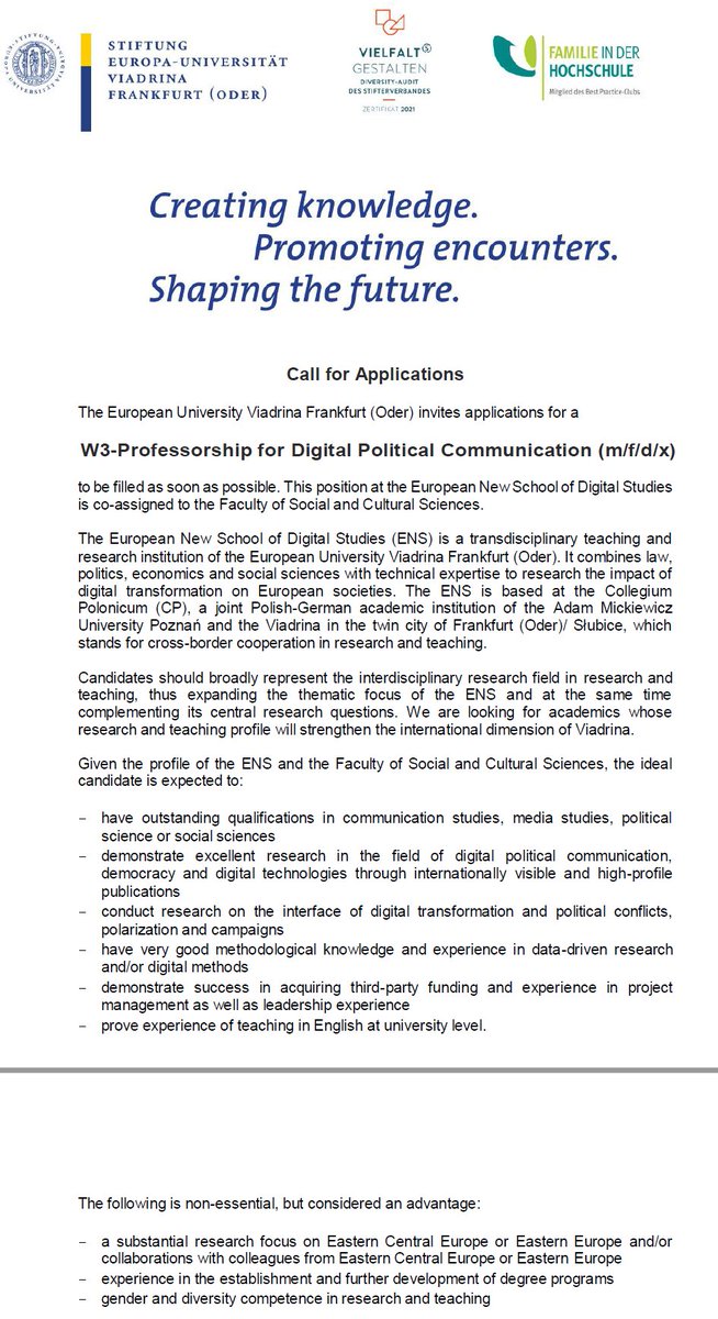 We're looking for a colleague @viadrina 📌Frankfurt (Oder)🇩🇪🇵🇱 📢Professorship for Digital Political Communication 🗓️Apply by 29/04/2024 #CSS @poli_com @ECPR_PolCom English Full Ad: europa-uni.de/de/struktur/ve…