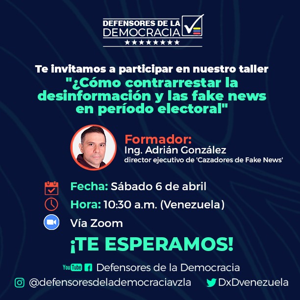 Este sábado 06 de abril 2024 te invitamos a participar en nuestro taller "Cómo contrarrestar la desinformación y las fake news en período electoral"  #DefensoresDeLaDemocracia #DefiendeLaDemocracia #TodosSomosDemocracia <a href="/cazamosfakenews/">Cazadores de Fake News</a>
