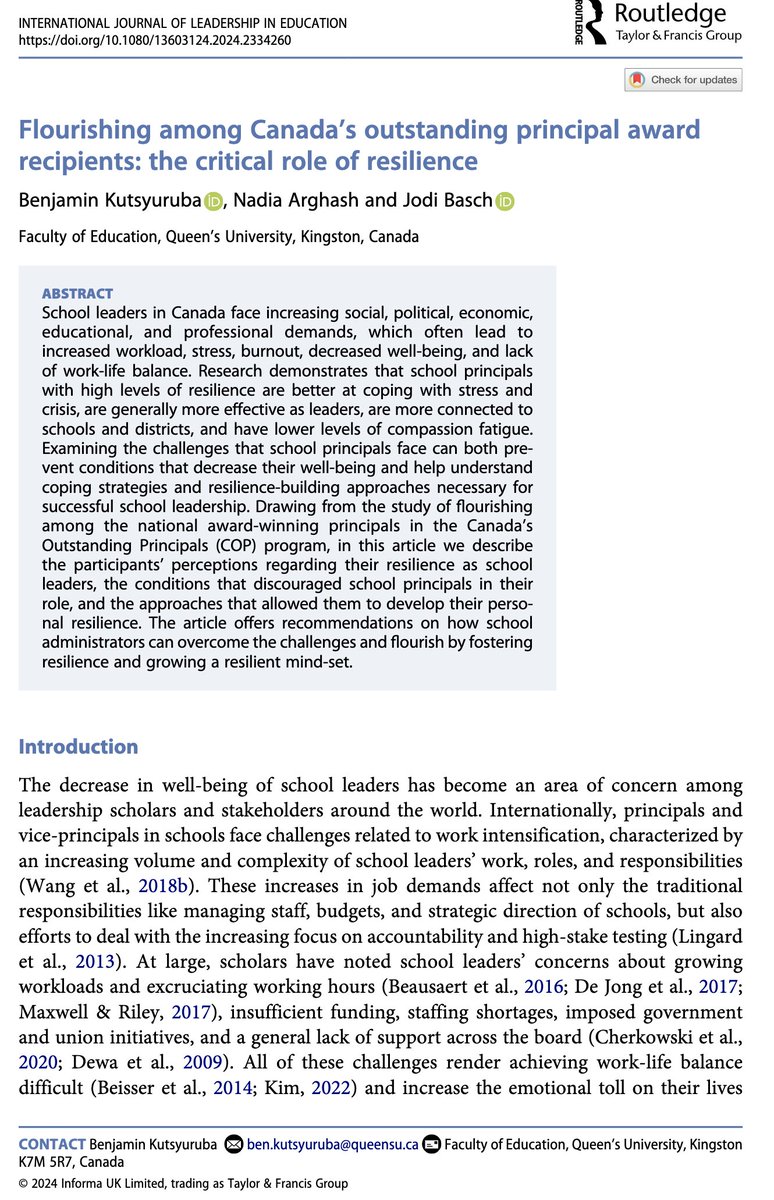 Super excited to share our latest article on the critical role of #resilience in flourishing Canada’s Outstanding Principal award recipients in @IJLETXST. Download your free online copy here: tandfonline.com/doi/full/10.10… @FlourishLeaders