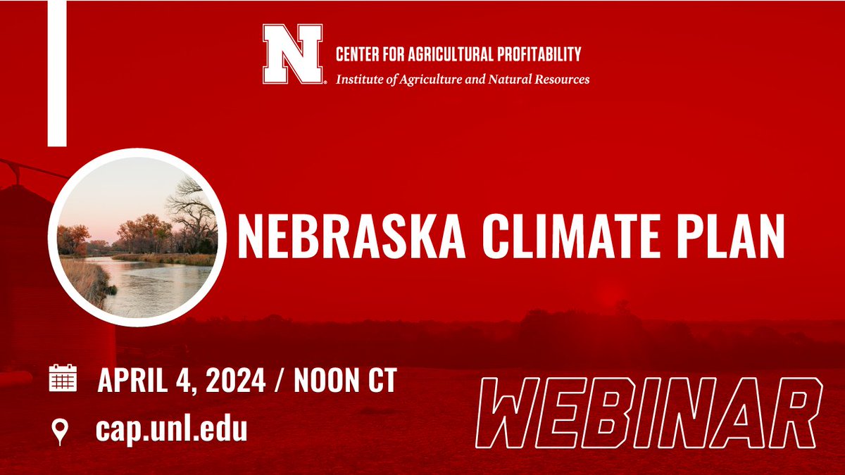 Today at noon CT, ag law specialist Dave Aiken will discuss Nebraska's Climate Action Plan, which identifies agriculture and electricity generation as key emission sources and offers reduction strategies. Register: go.unl.edu/3r9e