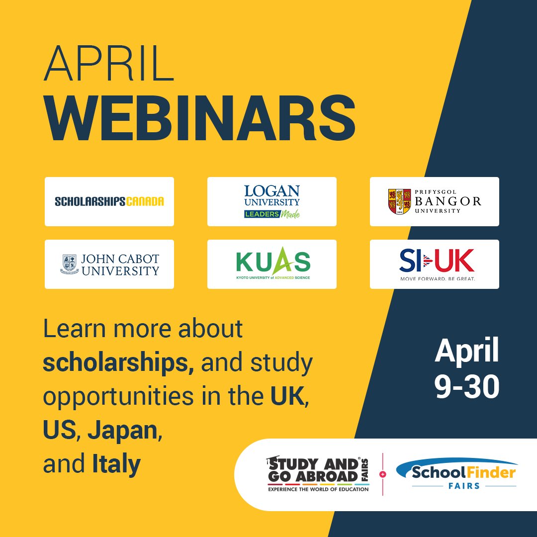 studygoabroad's tweet image. 📢Check out our April webinar series, starting next Tuesday, April 9th. Get all your questions answered on how to access scholarships, as well as opportunities to study in the USA 🇺🇸, Japan 🇯🇵, UK 🇬🇧 and Italy 🇮🇹. 

Sign up here: studyandgoabroad.com/webinars/

#freewebinars