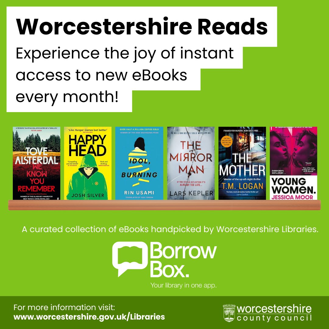 The April Worcestershire Reads titles are now available! Explore a monthly selection of FREE eBooks handpicked by our library team, available on BorrowBox. Join in with the conversation using the hashtag #WorcestershireReads worcestershire.borrowbox.com