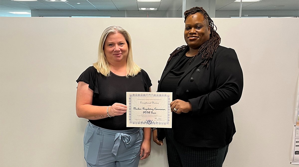 Congrats to our FOIA Team for their Exceptional Advancements in Proactive Disclosure of Information award from the Department of Justice. Award winners include Stephanie Blaney, Lezlie Colbert, Karen Danoff and a team of contractors. More info on FOIA at: nrc.gov/reading-rm/foi…