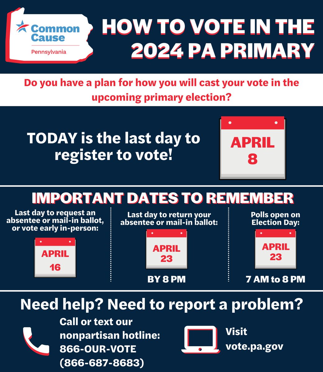 TODAY is the final day to register to vote for the upcoming primary election! Visit vote.pa.gov to register or verify that your registration is up-to-date.