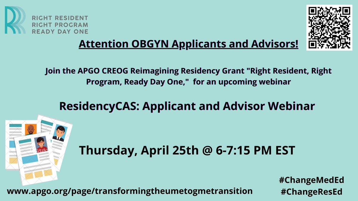 Attention #OBGYN #Match2025 residency applicants, join us on April 25 at 6pm for a #ResidencyCAS webinar to preview the new @ACOG OBGYN application. #ChangeMedEd Register here us06web.zoom.us/webinar/regist…