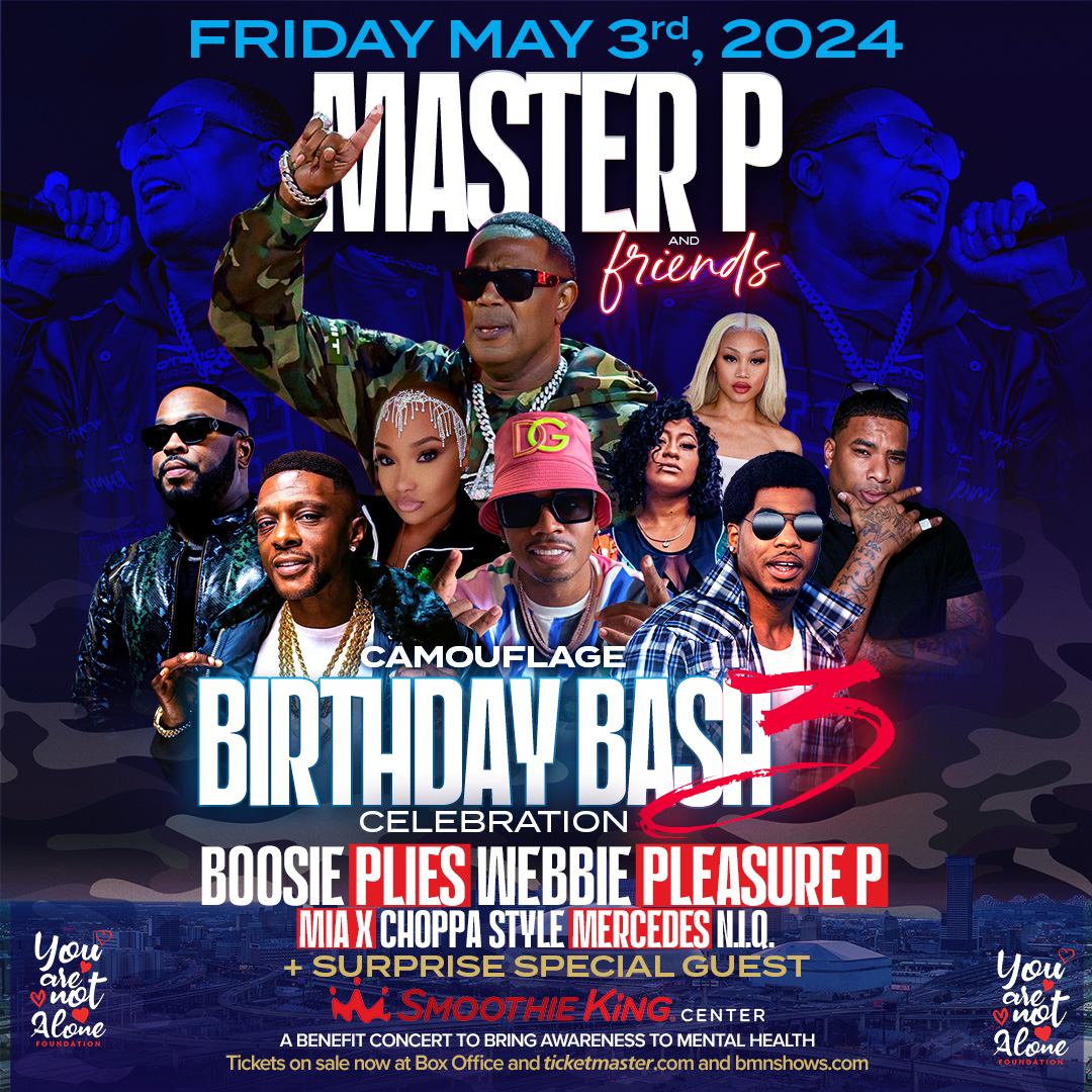 🗣️The lineup is here! Master P brings his friends Boosie, Plies, Webbie, Pleasure P, Mia X, Choppa Style, Mercedes, N.I.Q, and a surprise special guest for his birthday bash on May 3 at #SmoothieKingCenter. Get your tickets at bit.ly/MasterPBDay3