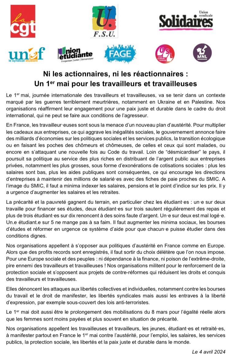 Un 1er Mai unitaire 🤝 des organisations syndicales et de jeunesses Ni les actionnaires ❌ Ni les réactionnaires❌ Un 1er Mai pour les salaires ‼️ Journée internationale des travailleur•euses, un 1er Mai pour la paix juste et durable 🕊️ ⤵️