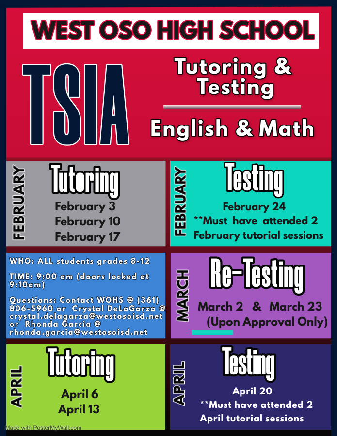 from WOHS:

Check out the TSIA Tutoring and Testing schedule for the rest of the school year👇