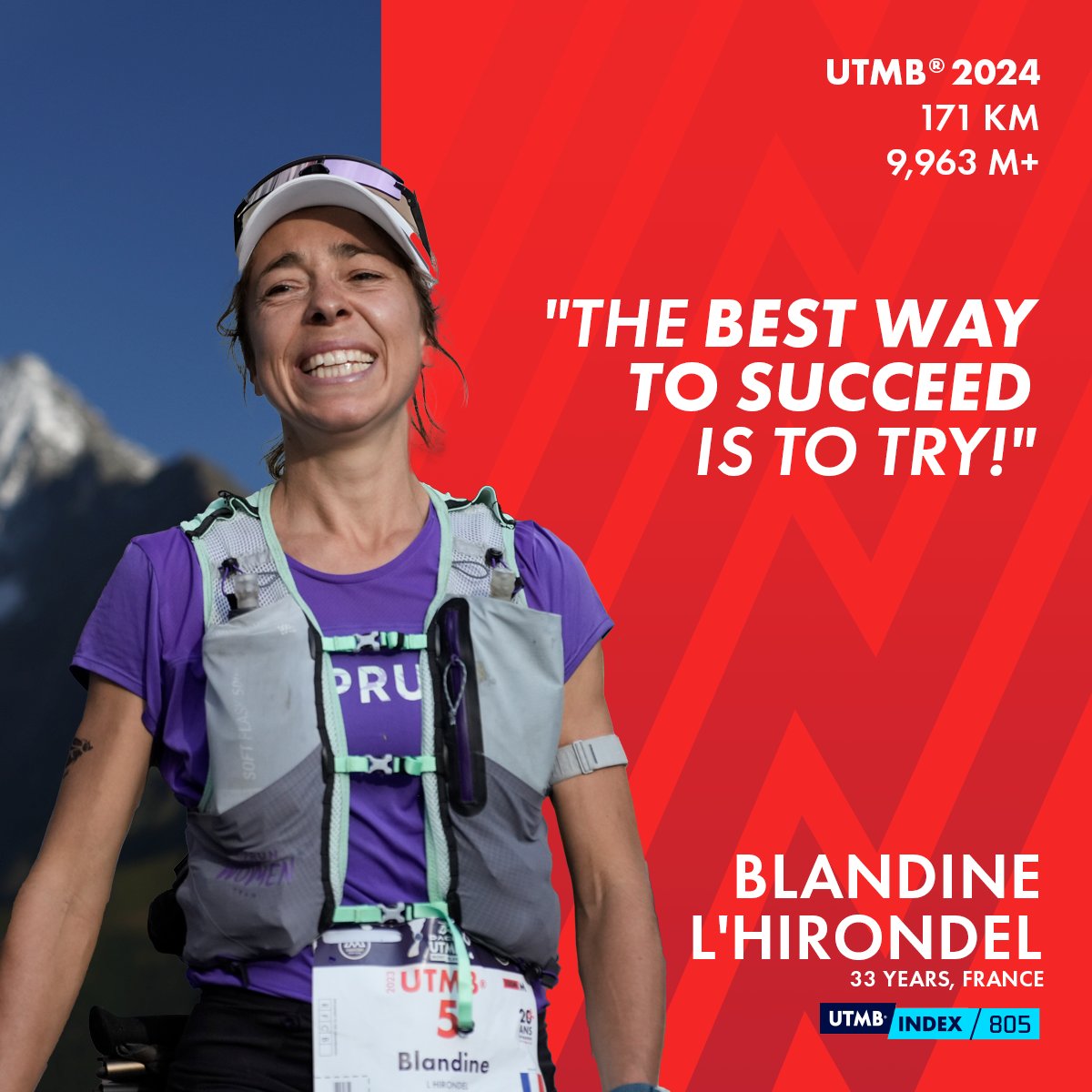 🟥 𝗨𝗧𝗠𝗕 𝗙𝗔𝗩𝗢𝗥𝗜𝗧𝗘𝗦 

2021: OCC 🏆
2022: CCC 🏆
2023: UTMB 🥉
2024: What's next for Blandine L'Hirondel? 

After a podium finish for her 1st attempt, Blandine will come back to the UTMB Mont-Blanc this year 👉 montblanc.utmb.world/races-runners/… 🌍

#DaciaUTMBMontBlanc