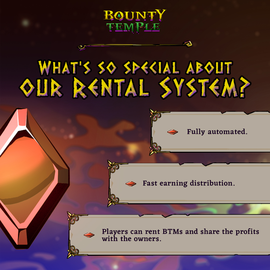 Our automated Rental System introducing some brand new features. From Instant Marketplace Listing, Automated Reward Splitting to even BTM recalls! Find out more from our whitepaper! Link: bountytemple.gitbook.io/whitepaper-v1/… #BountyTemple #P2EE #GameFi #TYT